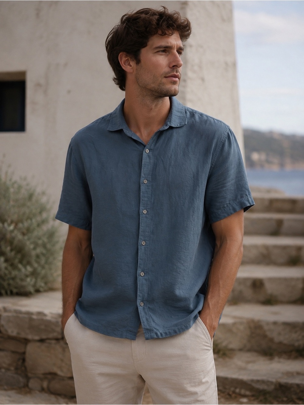 Mens Mango Short-Sleeve Button-Up Shirt in Slate Blue